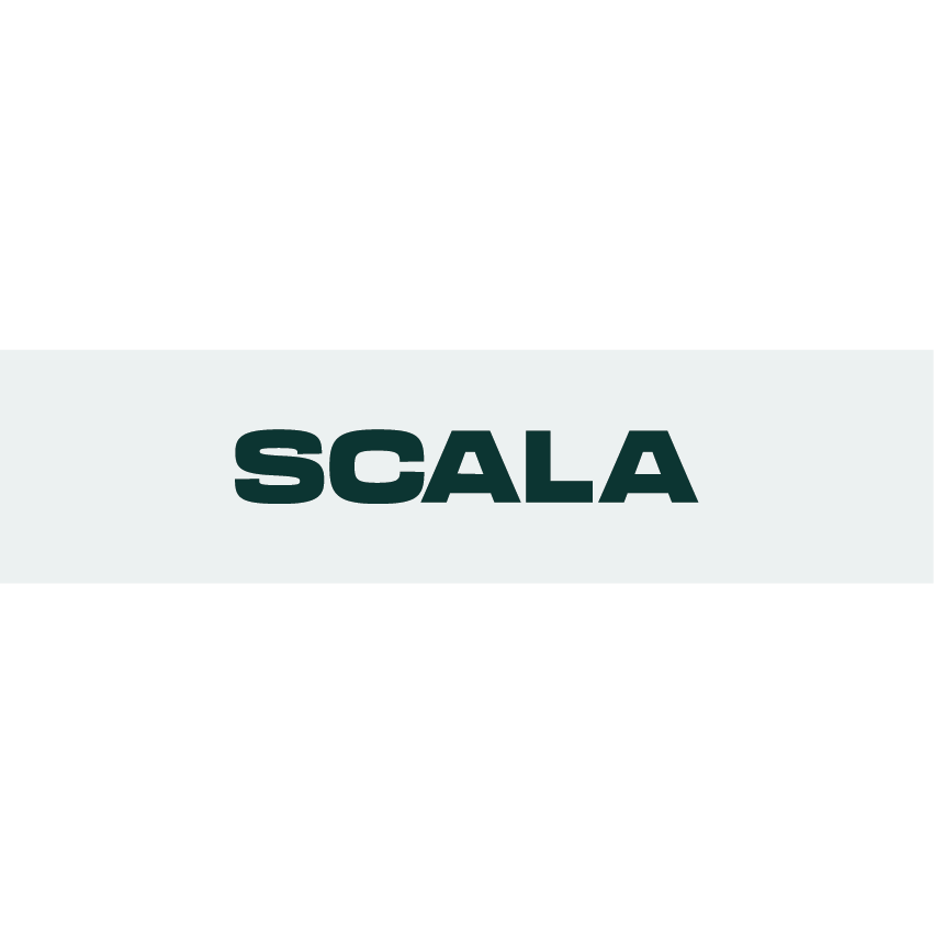 Logotipo SCALA en verde oscuro sobre una franja de color verde muy claro.
